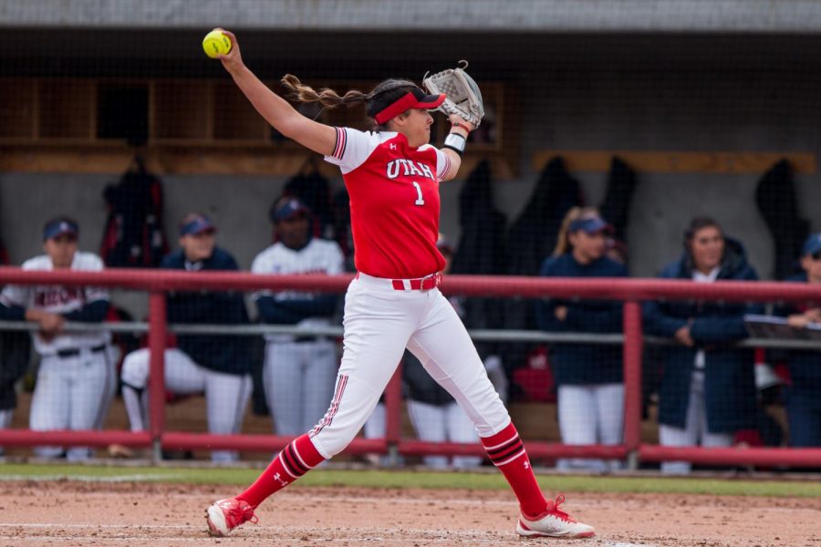 University of Utah freshman pitcher Sydney Sandez (1) pitched the ball in an NCAA Softball game vs. Arizona at Dumke Family Softball Field in Salt Lake City on Saturday April 6, 2019.(Photo by Curtis Lin | Daily Utah Chronicle)

