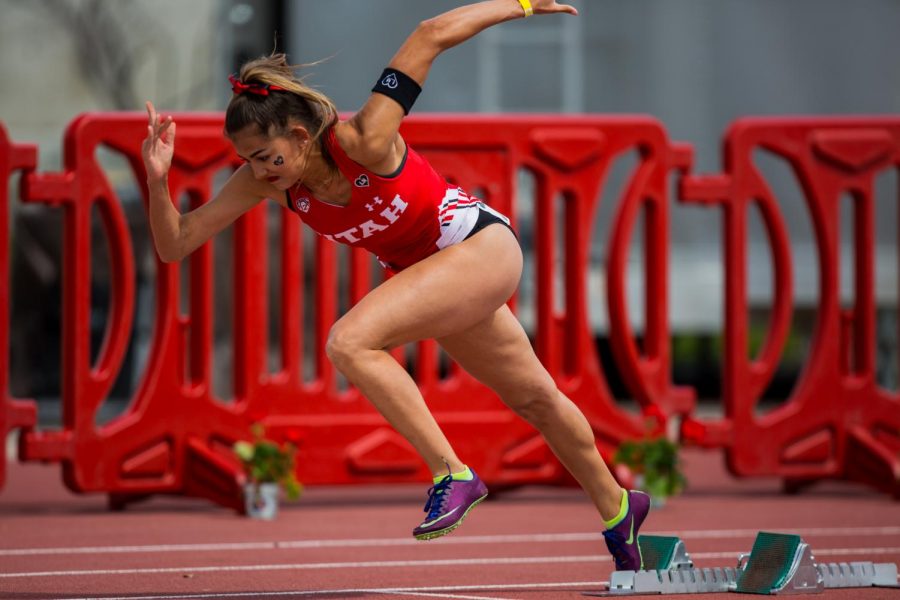 University of Utah junior hurdler Brooke Martin started out of the blocks during the Women's 400 Meter Hurdles in an NCAA Track and Field meet at the McCarthey Family Track and Field Complex in Salt Lake City on Saturday April 13, 2019.(Photo by Curtis Lin | Daily Utah Chronicle)