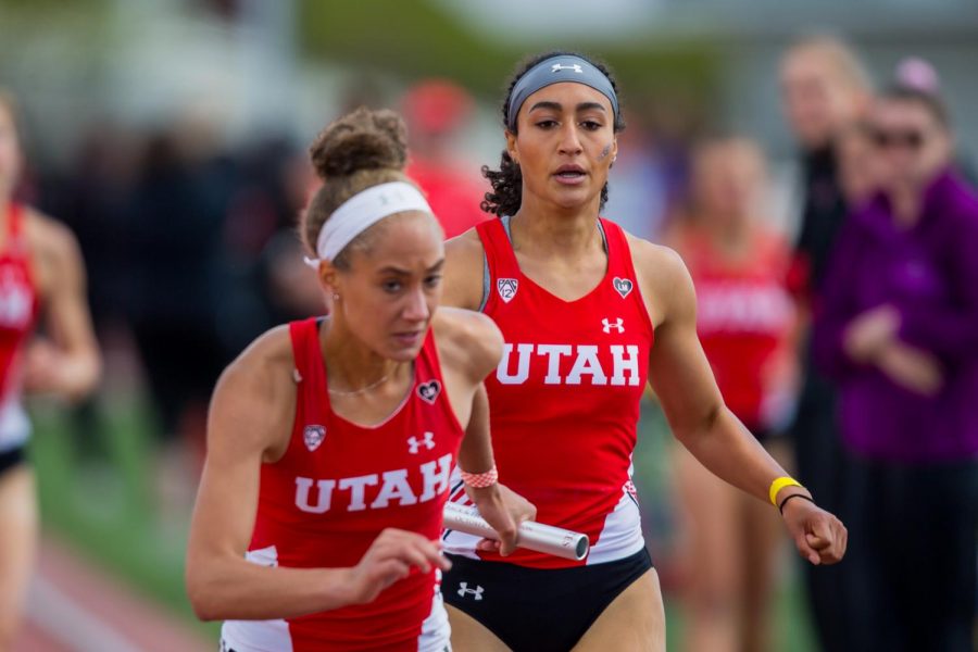 The+University+of+Utahs+Track+and+Field+team+during+the+Womens+4x400+Meter+Relay+in+an+NCAA+Track+and+Field+meet+at+the+McCarthey+Family+Track+and+Field+Complex+in+Salt+Lake+City+on+Sat.+April+13%2C+2019.%28Photo+by+Curtis+Lin+%7C+Daily+Utah+Chronicle%29