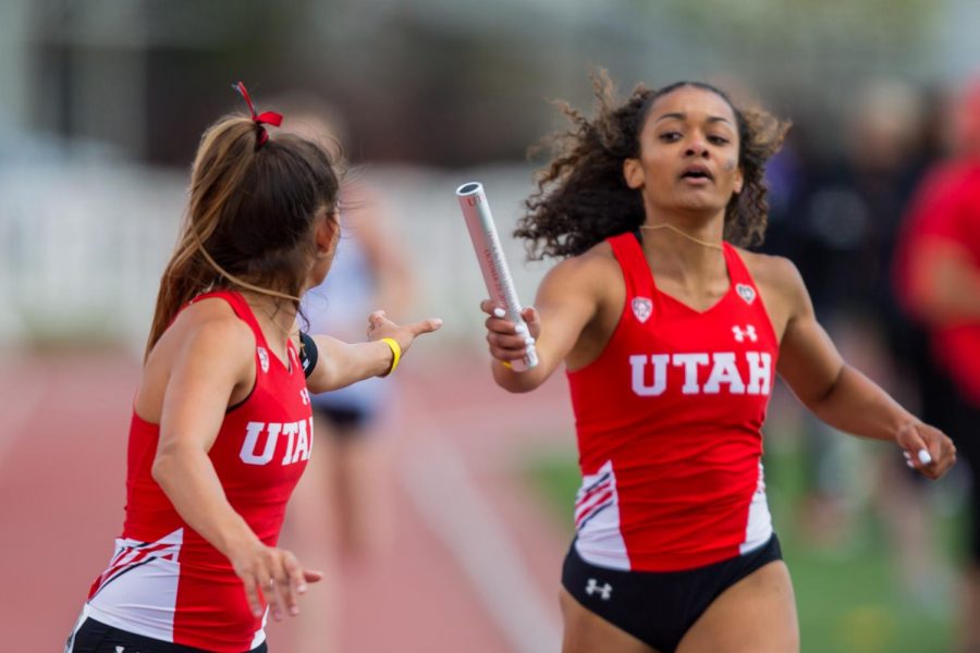 The University of Utah's Track and Field team during the Women's 4x400 Meter Relay in an NCAA Track and Field meet at the McCarthey Family Track and Field Complex in Salt Lake City on Saturday, April 13, 2019. (Photo by Curtis Lin | Daily Utah Chronicle)