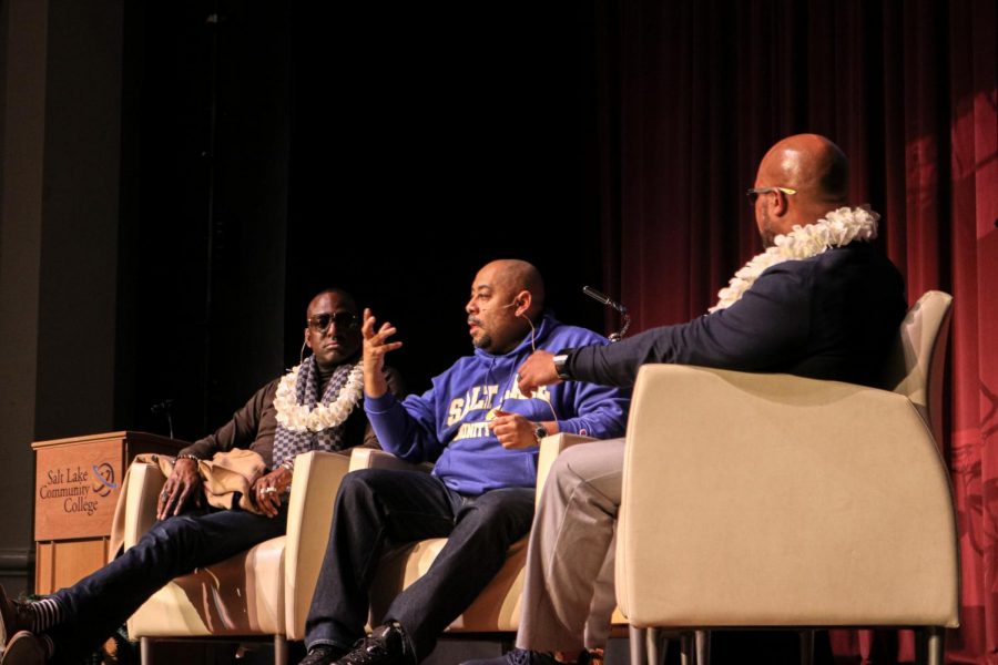 Two of the members of the Exonerated Five, Yusef Salaam and Raymond Santana speak at the Grand Theatre for Salt Lake Community College’s 2020 Martin Luther King, Jr. Commemorative Keynote on Feb. 18 in Salt Lake City. (Photo by Ivana Martinez | Daily Utah Chronicle)