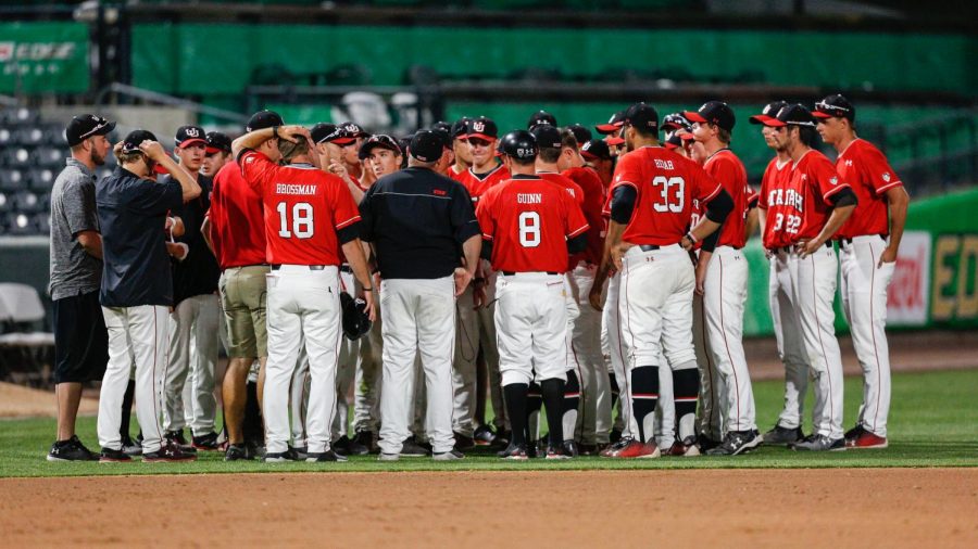The Utes baseball team celebrates a victory against the BYU Cougars at Smiths Ballpark on May 8, 2018. (Photo by J. Prather | Daily Utah Chronicle)
