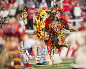 Members from the Ute Indian tribe performa a ritual dance during the game vs. the Washington Huskies at Rice-Eccles Stadium on Saturday, October 29, 2016. | Chronicle archives