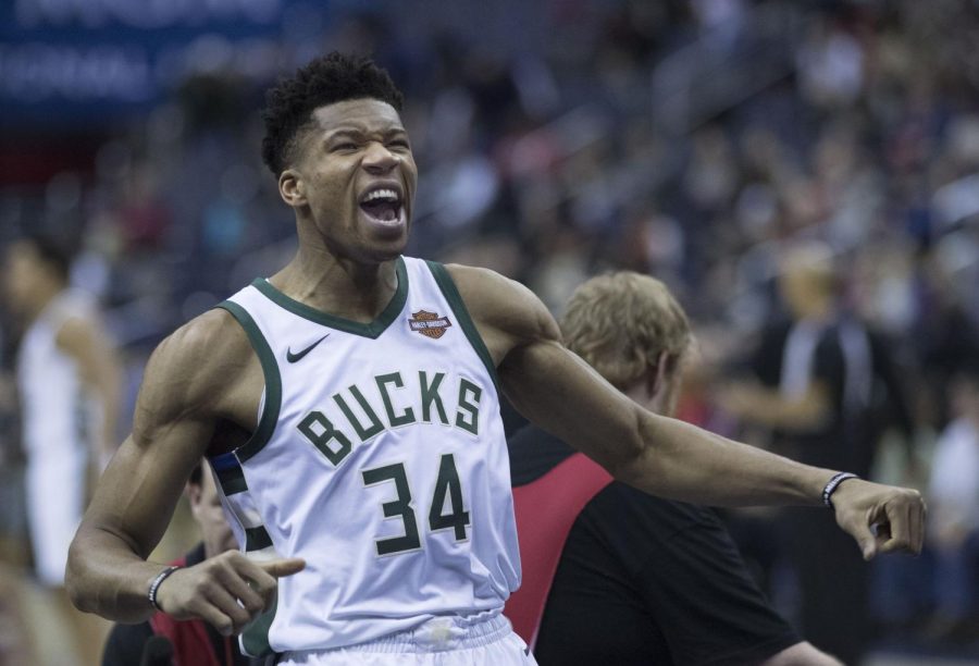 Giannis Antetokounmpo of the Milwaukee Bucks before the game against the Washington Wizards on January 15, 2018 at Capital One Arena in Washington, DC. (Courtesy Wikimedia Commons)