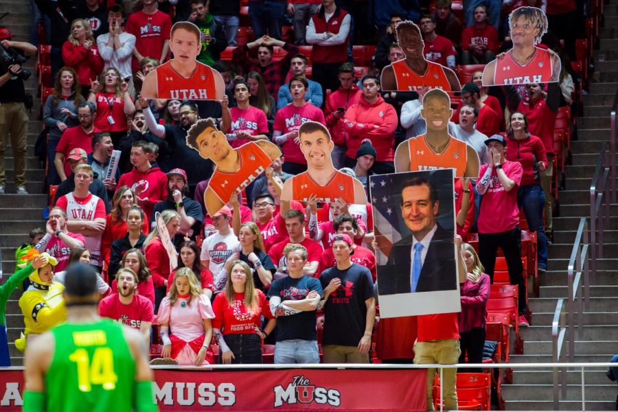 The University of Utahs Student Section (MUSS) held up signs while an Oregon player attempted a free throw in an NCAA Mens Basketball game vs. the University of Oregon at Jon M. Huntsman Center in Salt Lake City, UT on Thursday January 31, 2019 (Photo by Curtis Lin | Daily Utah Chronicle)