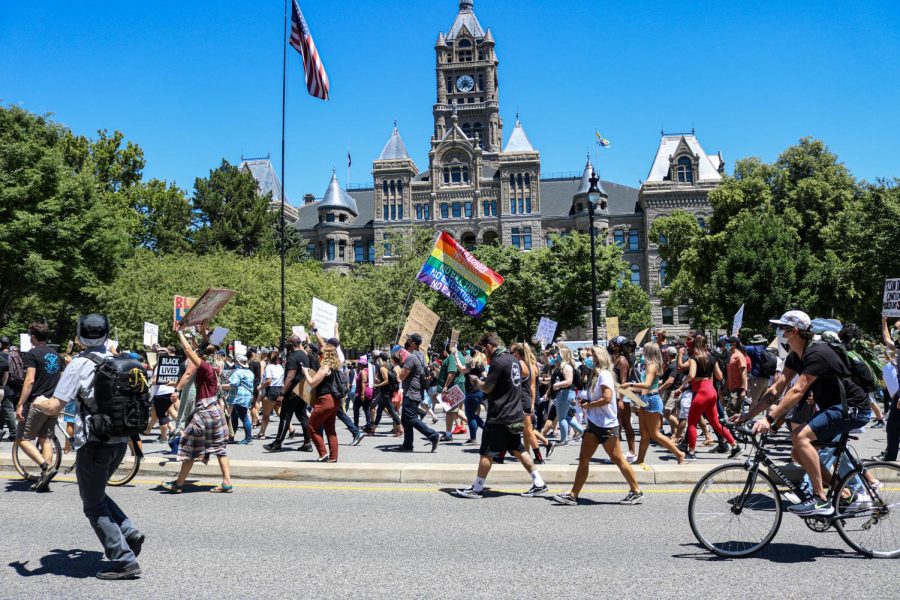 Demonstrators+march+in+the+Juneteenth+protest+around+downtown+Salt+Lake+City+on+June+19%2C+2020.+%28+Photo+by+Ivana+Martinez+%7C+Daily+Utah+Chronicle%29
