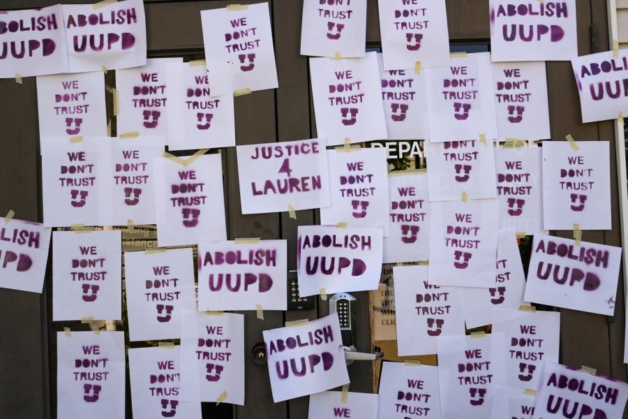 UnSafe U protesters gather at the Public Safety Building on the University of Utah campus in Salt Lake City to protest the actions of officers involved in the Lauren McCluskey case on Aug. 6, 2020. (Chronicle archives)
