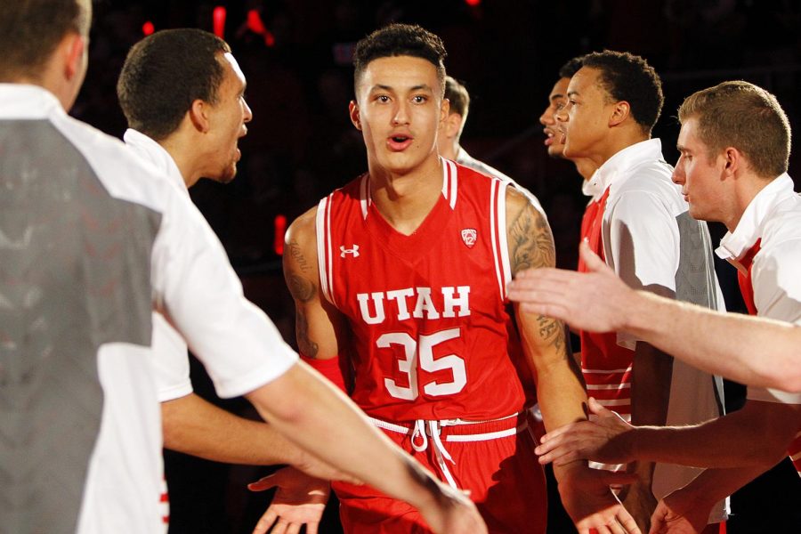 Redshirt sophomore forward Kyle Kuzma (35) is introduced before an NCAA mens basketball game against the BYU Cougars at the Jon M. Huntsman Center, Wednesday, Dec. 2, 2015. Chris Samuels, Daily Utah Chronicle.