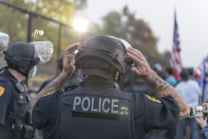 Police officers assemble outside of the University of Utah in Salt Lake City on Oct. 7, 2020.