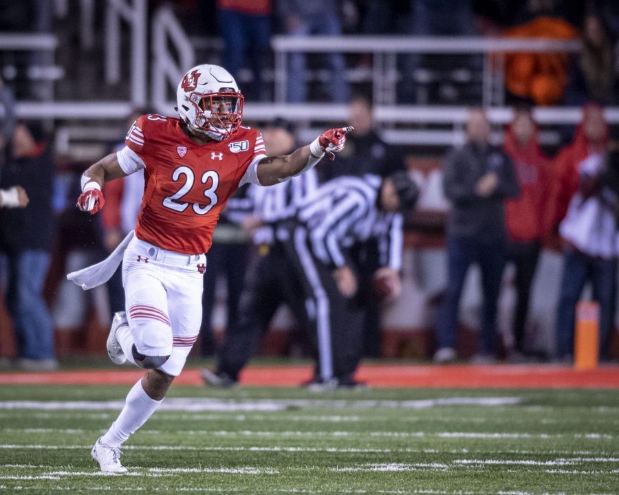 University of Utah senior defensive back Julian Blackmon (23) celebrates after stopping Washington State on their fourth down during an NCAA Football game at Rice Eccles Stadium in Salt Lake City, Utah on Saturday, Sept. 28, 2019. (Photo by Kiffer Creveling | The Daily Utah Chronicle)