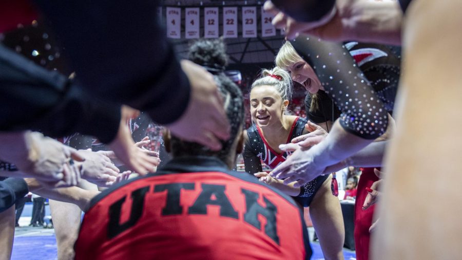 University of Utah assistant gymnastics coach CarlyDockendorf talks with the Red Rocks before their performance on the balance beam in a dual meet vs. The University of Kentucky at the Jon M. Huntsman Center in Salt Lake City, Utah on Friday, Jan. 3, 2020. (Photo by Kiffer Creveling | The Daily Utah Chronicle)