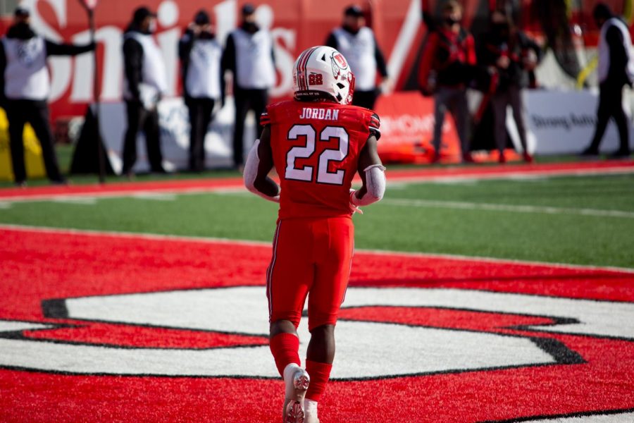 University of Utah Football freshman running-back Ty Jordan (#22) after scoring his first touchdown of the game in the Utes comeback win against Washington State University on Dec. 18, 2020 in Rice-Eccles Stadium in Salt Lake City. (Photo by Jack Gambassi | The Daily Utah Chronicle)