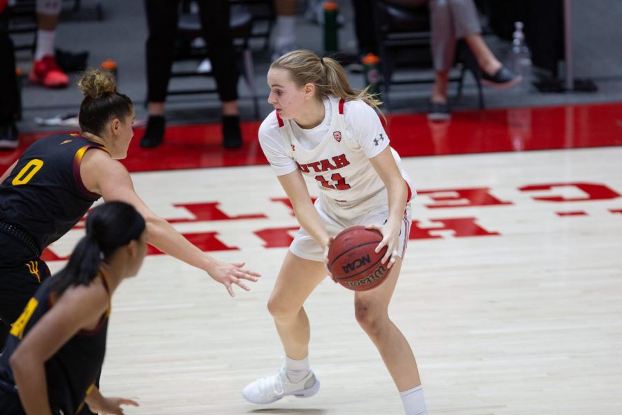University of Utah womens basketball player, Brynna Maxwell (#11), holds the ball on offense in the game against Arizona State University in the Jon M. Huntsman center in Salt Lake City on Dec. 18, 2020. (Photo by Jack Gambassi | The Daily Utah Chronicle)