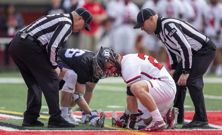 University of Utah freshman Cole Brams (24) lining up for a face off during an NCAA Lacrosse game vs. the Furman University Paladins at Rice Eccles Stadium in Salt Lake City, Utah on Saturday, Feb. 22, 2020. (Photo by Jalen Pace | The Daily Utah Chronicle)
