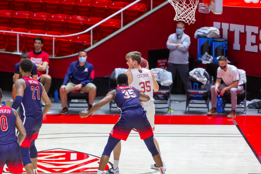 University of Utah sophomore center Branden Carlson (35) in a NCAA Basketball game vs. the Arizona Wildcats at the Jon M. Huntsman Center in Salt Lake City, Utah on Thursday, Feb. 4, 2021. (Photo by Kevin Cody | The Daily Utah Chronicle)