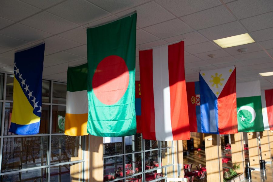 Flags inside the student union (Photo by: The Daily Utah Chronicle).