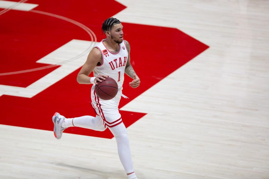 U of U junior forward, Timmy Allen (#1), during the game vs. the USC Trojans on Feb. 27th, 2021 at the Jon M. Huntsman Center on campus. (Photo by Jack Gambassi | The Daily Utah Chronicle)