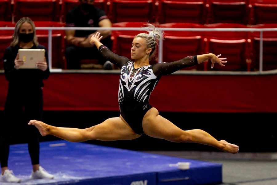 Utah Red Rocks’ senior, Sydney Soloski, during the final home meet of the 2020-21 season at the Jon M. Huntsman Center in Salt Lake City. March 12, 2021. (Photo by Jack Gambassi | The Daily Utah Chronicle)