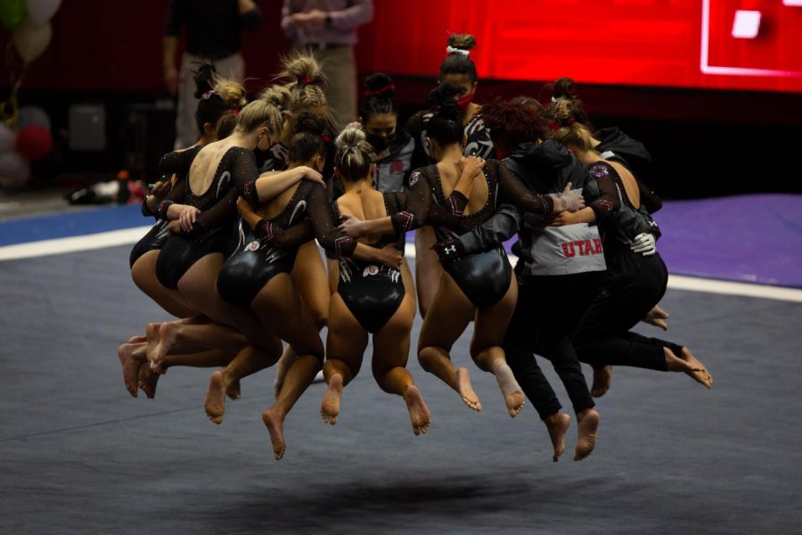 The Utah Red Rocks during their final home meet of the 2020-21 season at the Jon M. Huntsman Center in Salt Lake City. March 12, 2021. (Photo by Jack Gambassi | The Daily Utah Chronicle)