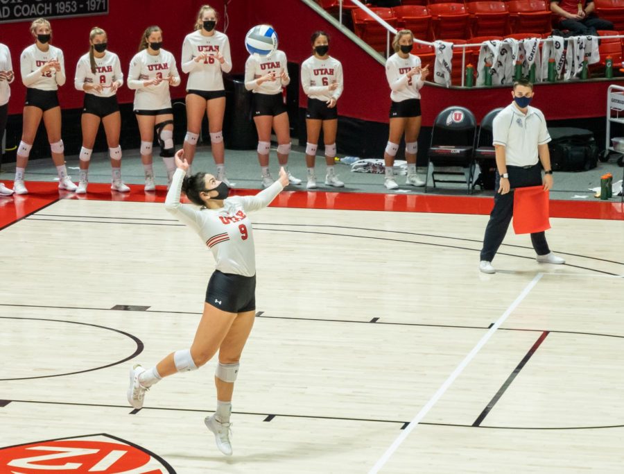 University of Utah junior Saige Kaahaaina-Torres (9) sets up redshirt sophomore Kennedi Evans in a NCAA Womens Volleyball game vs. the Stanford Cardinals at the Jon M. Huntsman Center in Salt Lake City, Utah on Sunday, Mar. 07, 2021. (Photo by Kevin Cody | The Daily Utah Chronicle)