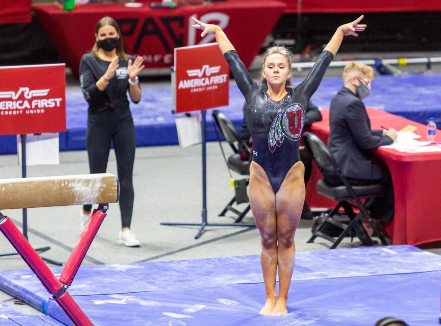 University of Utah sophomore Maile OKeefe in a NCAA Womens Gymnastics meet vs. the University of California at the Jon M. Huntsman Center in Salt Lake City, Utah on Friday, Feb. 26, 2021. (Photo by Kevin Cody | The Daily Utah Chronicle)
