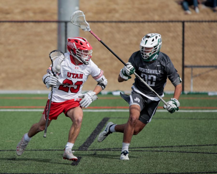 University of Utah freshman and Utes Lacrosse team attacker Tyler Bradbury looks to pass during an NCAA game vs. the Jacksonville Dolphins in Salt Lake City on March 6, 2021 (Photo by Abu Asib | The Daily Utah Chronicle)