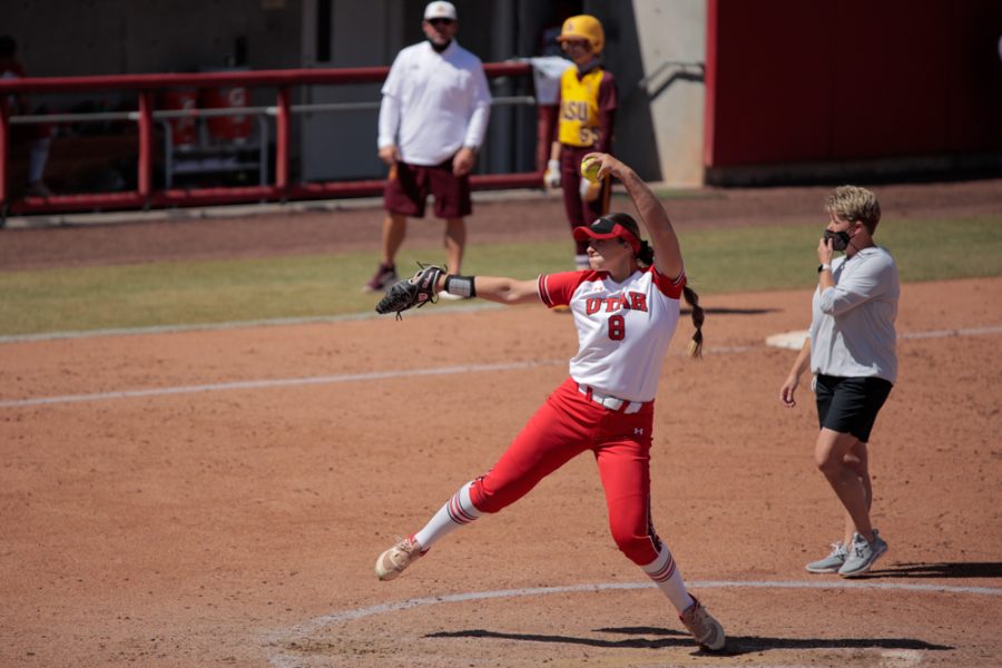 University of Utah softball team player and freshman Mariah Lopez (8) pitches during an NCAA dual meet against Stanford University at the Dumke Family Softball Stadium in Salt Lake City on March 27, 2021. (Photo by Abu Asib | The Daily Utah Chronicle)