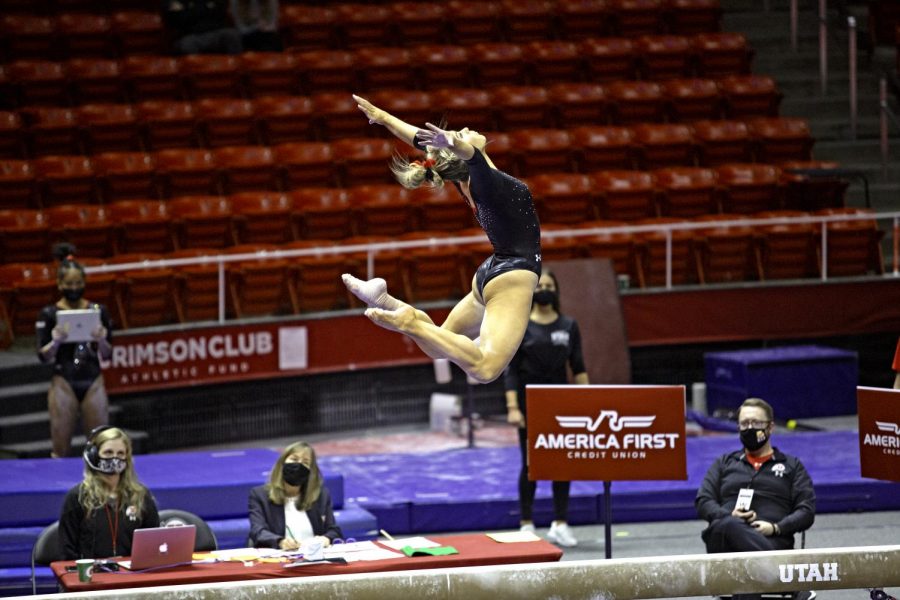University of Utah junior Adrienne Randall
in a NCAA Womens Gymnastics meet vs. the University of California at the Jon M. Huntsman Center in Salt Lake City, Utah on Friday, Feb. 26, 2021. (Photo by Kevin Cody | Daily Utah Chronicle)