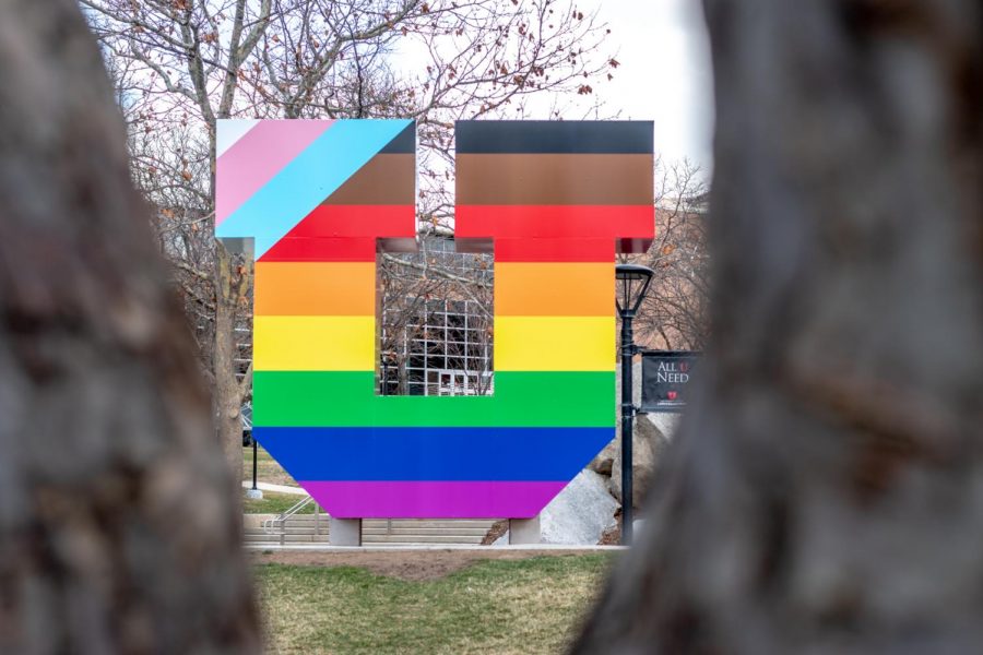 The block U on campus with the colors of the intersectional LGBTQ+ pride flag on March 24, 2021. The U celebrates pride week from March 29–April 3, 2021. (Photo by Jack Gambassi | Daily Utah Chronicle)
