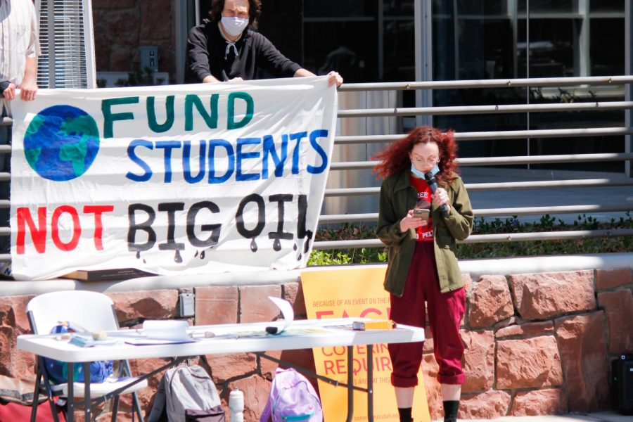 Moira Turner speaks at climate protest held by Divest U at the Union Plaza on April 22, 2021. (Photo by Natalie Colby | Daily Utah Chronicle)