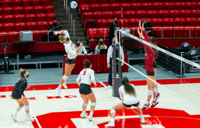 University of Utah senior Dani Drews (1) in a NCAA Womens Volleyball game vs. the Stanford Cardinal at the Jon M. Huntsman Center in Salt Lake City, Utah on Sunday, March 7, 2021. (Photo by Kevin Cody | Daily Utah Chronicle)