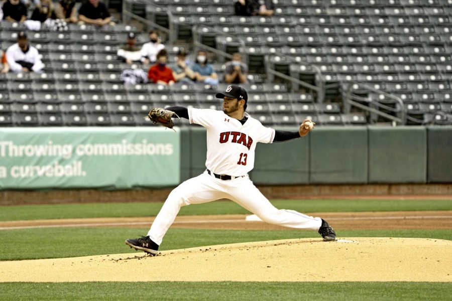 University of Utah graduate student and pitcher Kyle Robeniol, in a game vs. the Arizona State University Sun Devils at Smiths Ballpark on Saturday, April 24, 2021. (Photo by Kevin Cody | Daily Utah Chronicle)