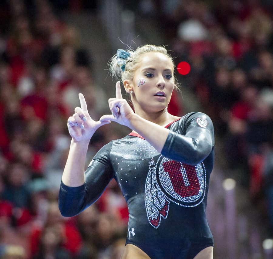 Mykayla+Skinner+flashes+the+U+during+her+balance+beam+routine+as+the+University+of+Utah+Red+Rocks+take+on+the+Georgia+Bulldogs+in+their+final+match+of+the+regular+season+at+the+Huntsman+Center+in+Salt+Lake+City%2C+Utah+on+Friday%2C+March+16%2C+2018.+%28Photo+by+Adam+Fondren+%7C+Daily+Utah+Chronicle%29