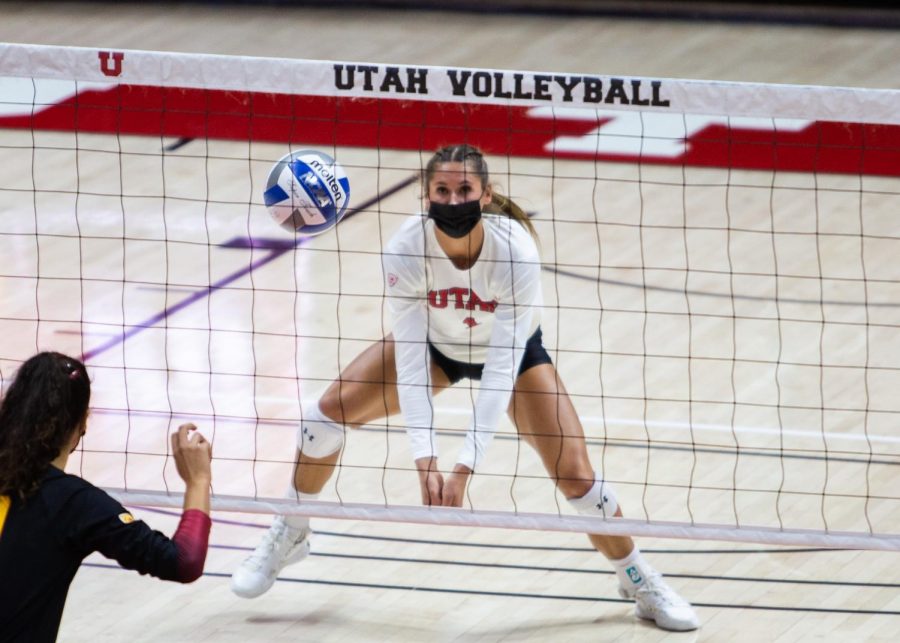 U of U Volleyballs Senior outside hitter, Dani Drews (#1), in the game vs. the USC Trojans on Feb. 14, 2021 at the Jon M. Huntsman Center on campus. (Photo by Jack Gambassi | The Daily Utah Chronicle)