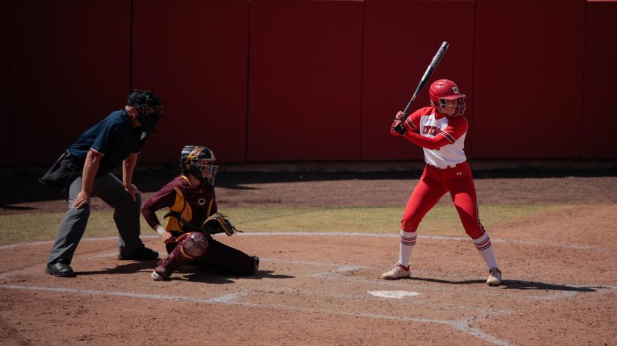 University of Utah softball player and sophomore Julia Scardina (28) bats during an NCAA dual meet against Stanford University at the Dumke Family Softball Stadium in Salt Lake City on March 27, 2021.