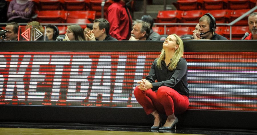 Head Coach Lynne Roberts closes her eyes as the Lady Utes loose to the Colorado Buffalos at the Huntsman Center in Salt Lake, UT on Thursday, Feb. 1, 2018(Photo by Adam Fondren | Daily Utah Chronicle)
