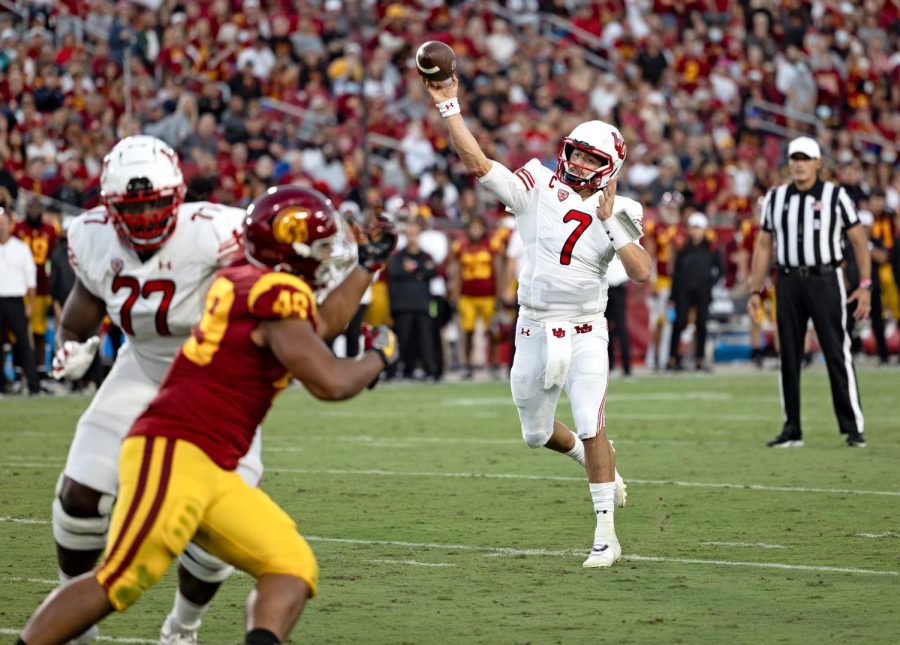 University of Utah sophomore quarterback Cameron Rising in a University of Utah football game against the USC Trojans on Saturday, Oct. 10, 2021. (Photo by Kevin Cody | The Daily Utah Chronicle)