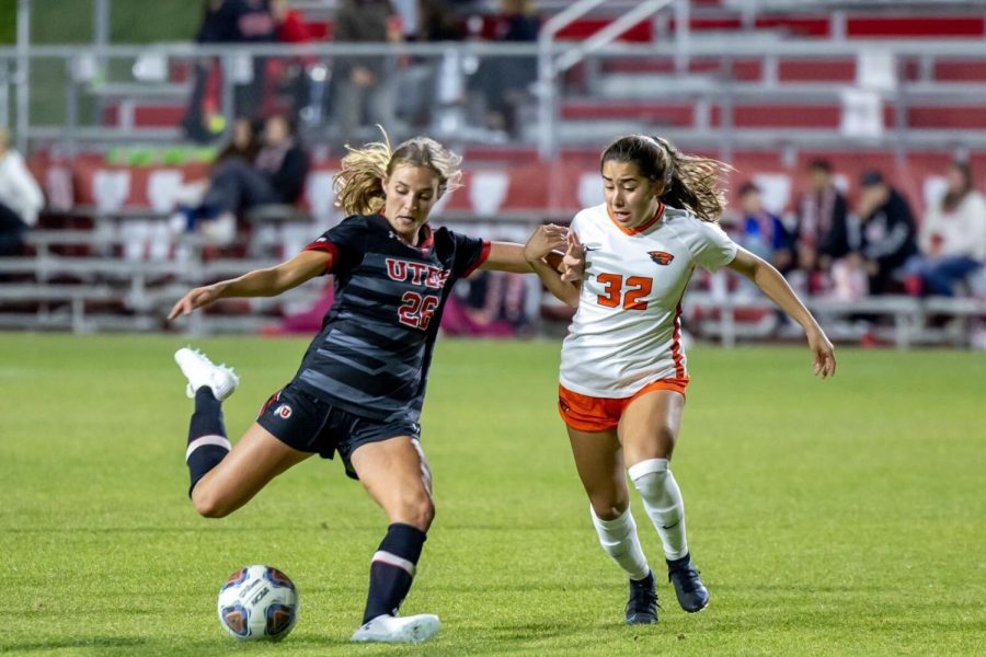 University of Utah soccer player, Avery Brady (#26), during the match vs Oregon State on Oct. 21, 2021 at Ute Field on campus. (Photo by Jack Gambassi | The Daily Utah Chronicle)

