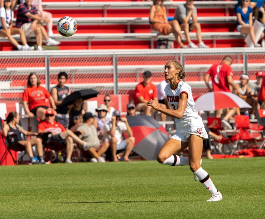 University of Utah womens soccers forward Brooklyn James (#3) plays in the match vs. Dixie State at Utes field on the University of Utah campus on Sept. 12, 2021. (Photo by Xiangyao Axe Tang | The Daily Utah Chronicle)