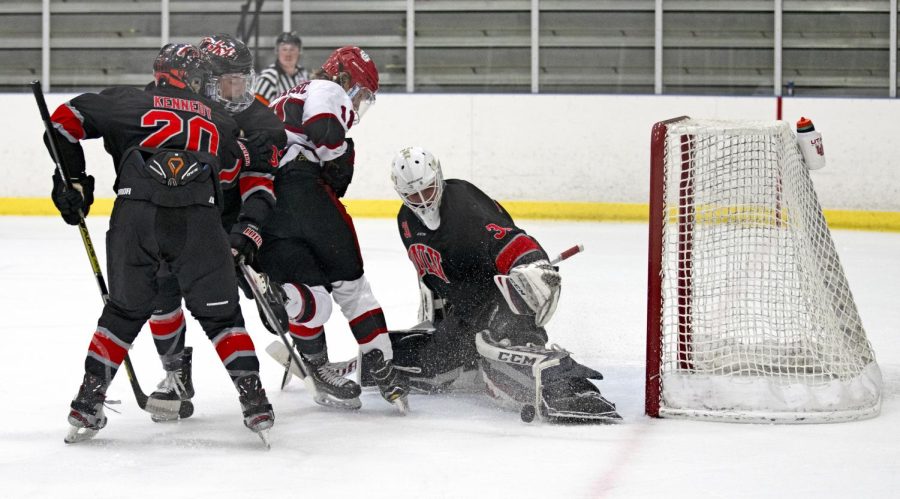 Sophomore forward Che Landikusic is positioned in front of the opposing goalies net in a first-period scoring chance against the University of Nevada Las Vegas in Salt Lake City on Nov. 13, 2021. (Photo by Kevin Cody | The Daily Utah Chronicle)

