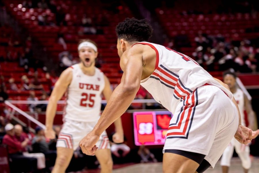 University of Utah Men’s Basketball player Marco Anthony (#10) after a dunk during the game vs. Abilene Christian on Nov. 9, 2021 at the Jon M. Huntsman Center on campus in Salt Lake City. (Photo by Jack Gambassi | The Daily Utah Chronicle)
