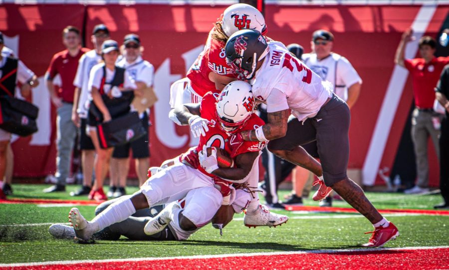 Sophomore Tavion Thomas came up short to reach the end zone in a game against Washington State football in Salt Lake City on Sept. 25, 2021. (Photo by Jonathan Wang | The Daily Utah Chronicle)
