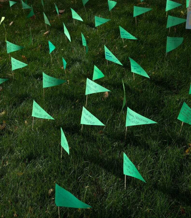 U Counseling Center displays green flags with students relationship expectations on Oct. 28, 2021. (Photo by Rachel Rydalch | The Daily Utah Chronicle)