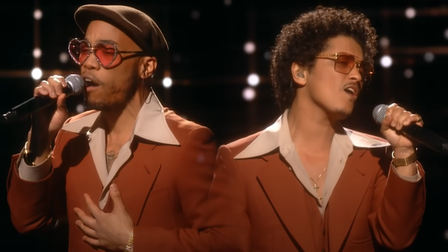 Bruno Mars amd Anderson .Paak as Silk Sonic performing Leave the Door Open at the 63rd Grammy Awards. (Courtesy Bruno Mars YouTube)