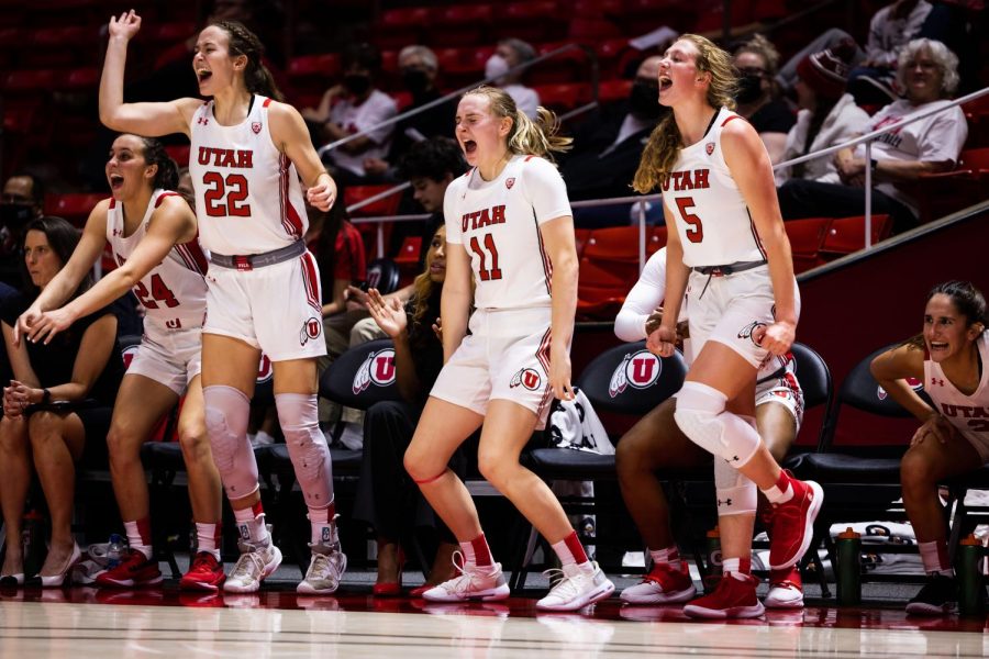 Utes Jenna Johnson, Brynna Maxwell and Gianna Kneepkens celebrate their team from the bench. (Courtesy of Nick Grace & University of Utah Athletics)