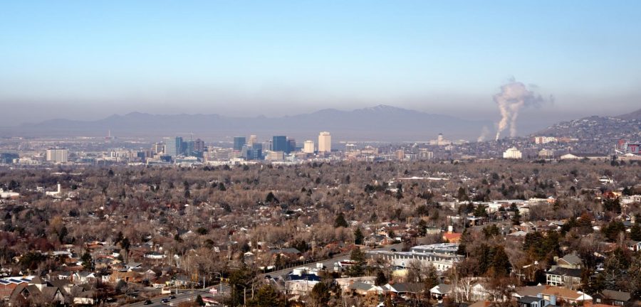 An overview of the Salt Lake Valley showing the a layer of pollution over the city. Image was taken near H-Rock in Salt Lake City, Utah on Jan. 27, 2021. (Photo by Kevin Cody | The Daily Utah Chronicle)