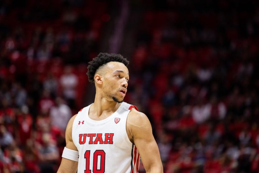 University of Utah men's basketball's guard Marco Anthony plays against the USC Trojans on Saturday, Jan. 22 at the Jon. M. Huntsman Center in Salt Lake City, Utah. (Photo by Xiangyao 