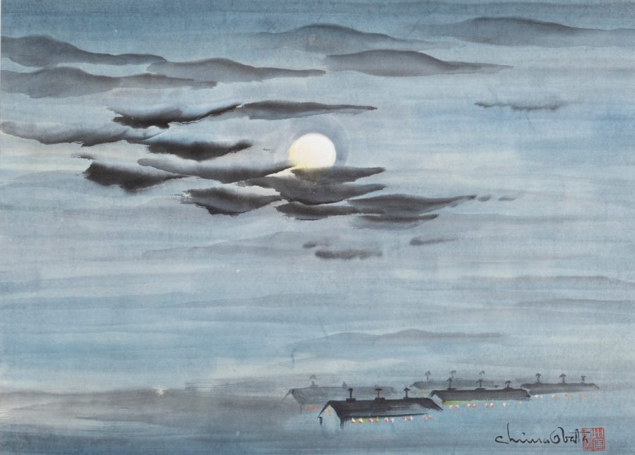 Chiura Obata, Topaz War Relocation Center by Moonlight, 1943, watercolor, gift of the Estate of Chiura Obata, from the Permanent Collection of the UMFA. (Courtesy Utah Museum of Fine Arts)