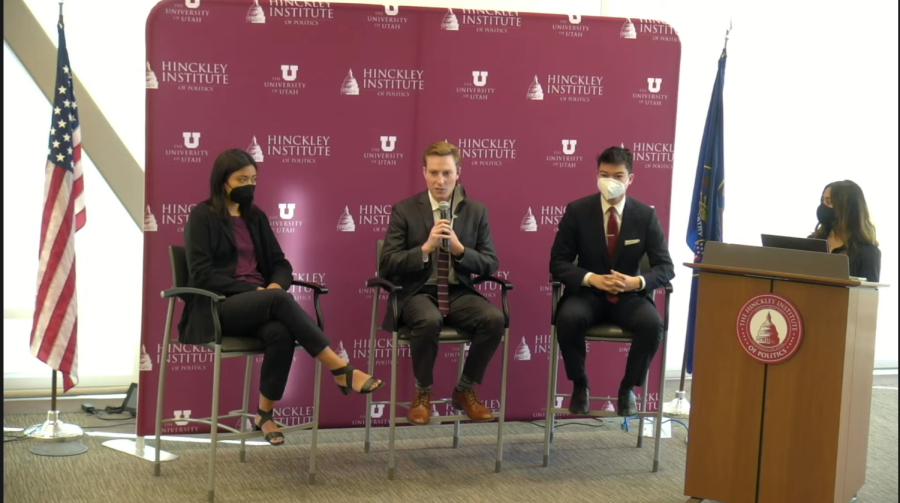 Taylor VanderToolen answers a question at the town hall meeting for his ASUU presidential ticket on Feb. 7, 2022. (Photo courtesy of Hinckley Institute livestream)