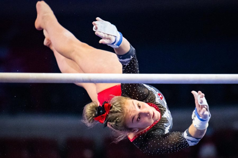 Grace McCallum during her bars routine at the Best of Utah meet in Salt Lake City, Utah on Wednesday, Feb. 18th, 2021. (Photo by Jonathan Wang | The Daily Utah Chronicle)